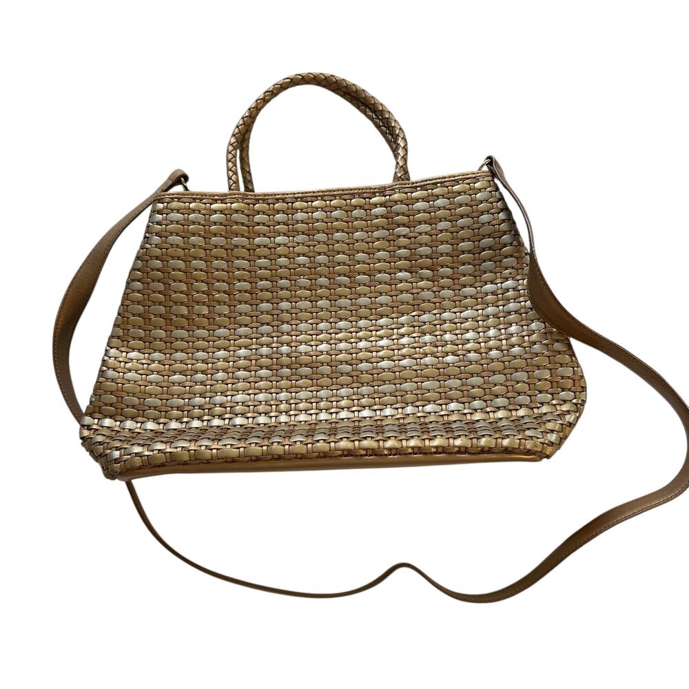 Vintage Womens Purse Woven Leather Metallic Gold Silver Handbag Zipper Casual